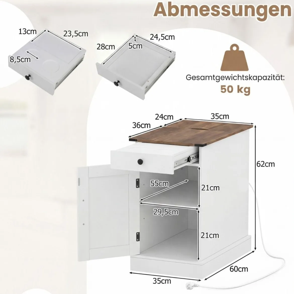 2er Set Beistelltisch mit Ladestation Beistellschrank mit Klappbarer Tischplatte Nachttisch Weiß