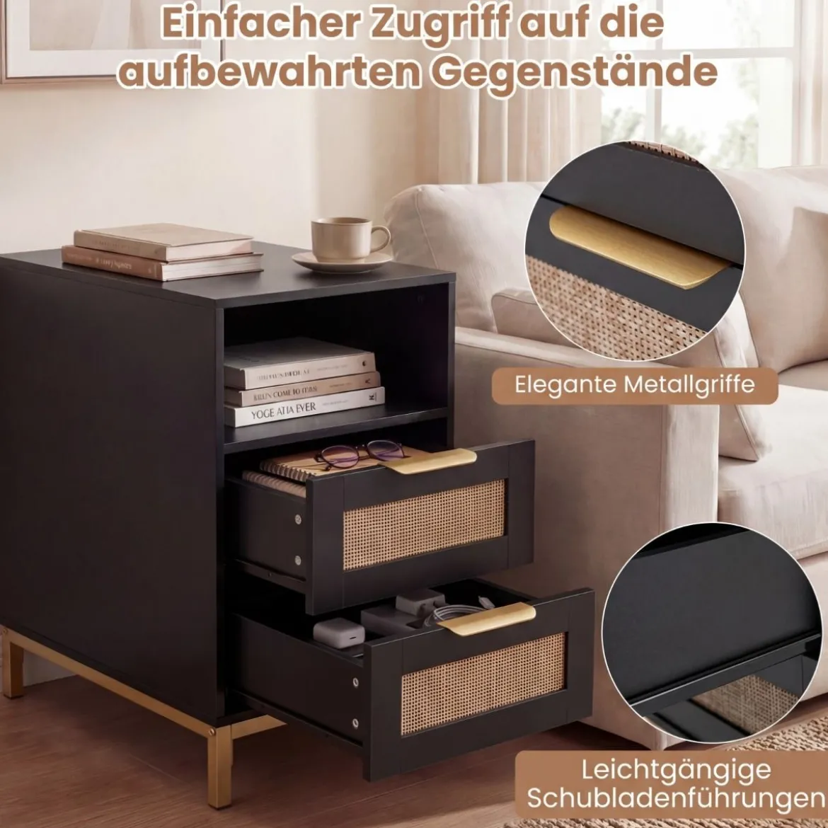 2er Set Beistelltisch mit Ladestation & 2 Schubladen Nachttisch aus Ratten & Holz Schwarz