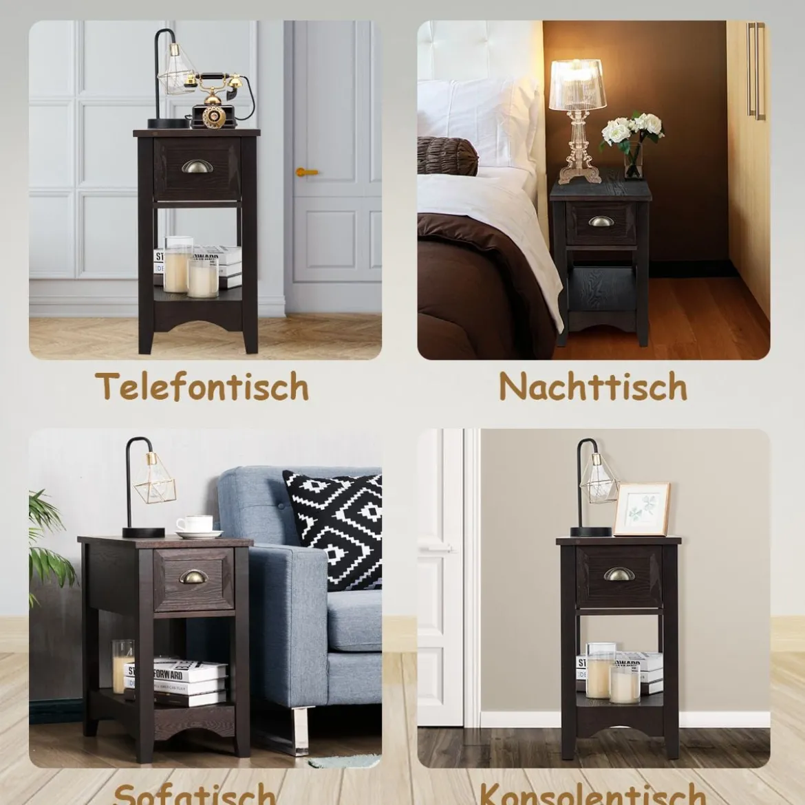 2er Set Beistelltisch mit Schublade & Ablage 2-stöckiger Sofatisch Nachttisch Walnuss