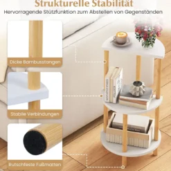 2er Set Beistelltisch 3 Stockig Rund aus Bambus Nachttisch Sofatisch Weiß + Natur