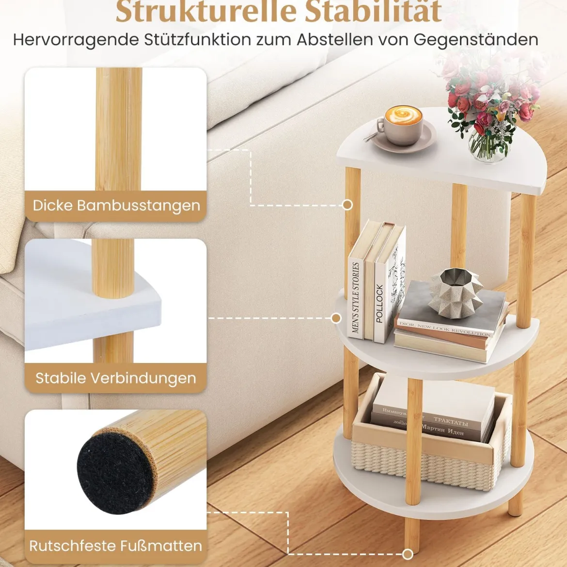2er Set Beistelltisch 3 Stockig Rund aus Bambus Nachttisch Sofatisch Weiß + Natur