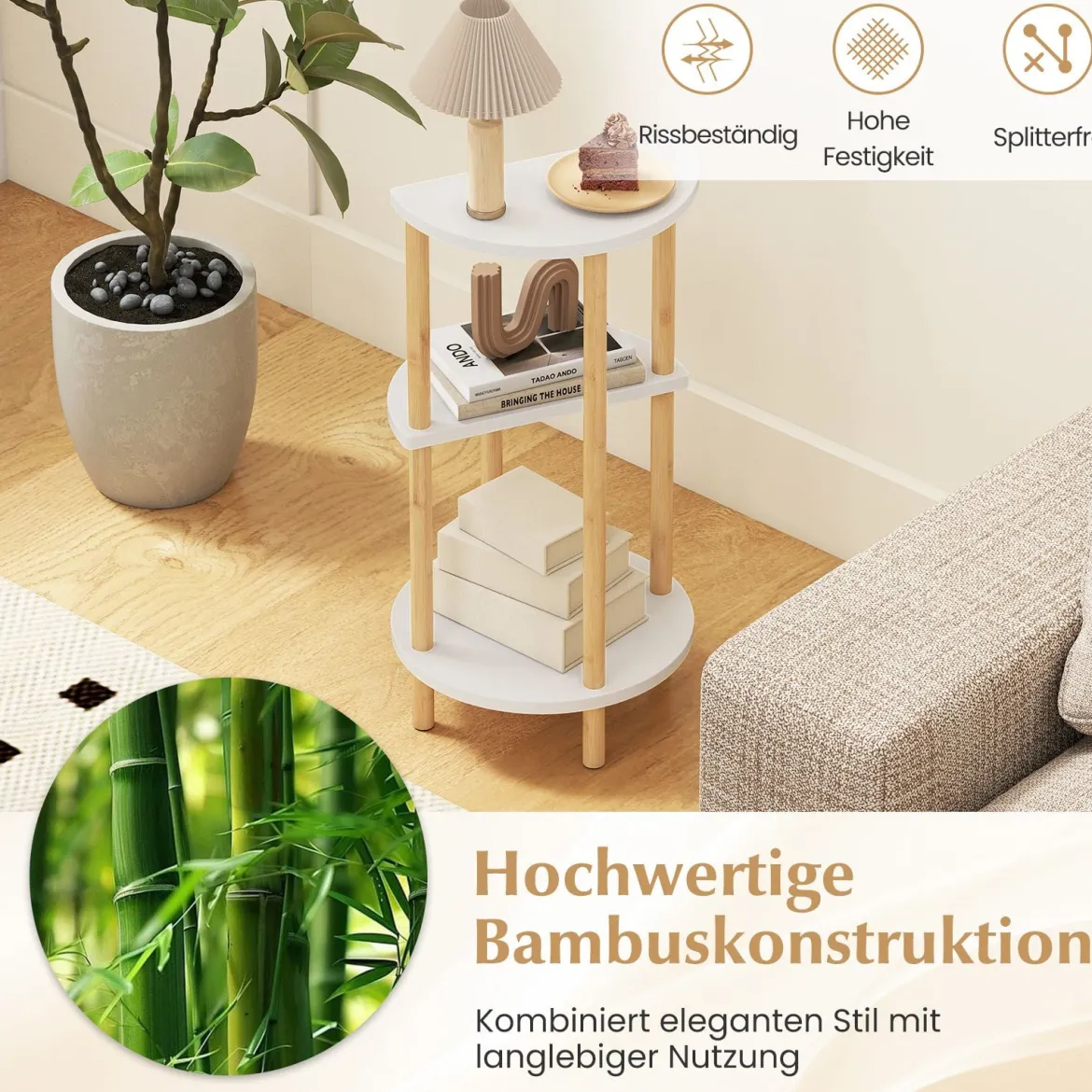 2er Set Beistelltisch 3 Stockig Rund aus Bambus Nachttisch Sofatisch Weiß + Natur