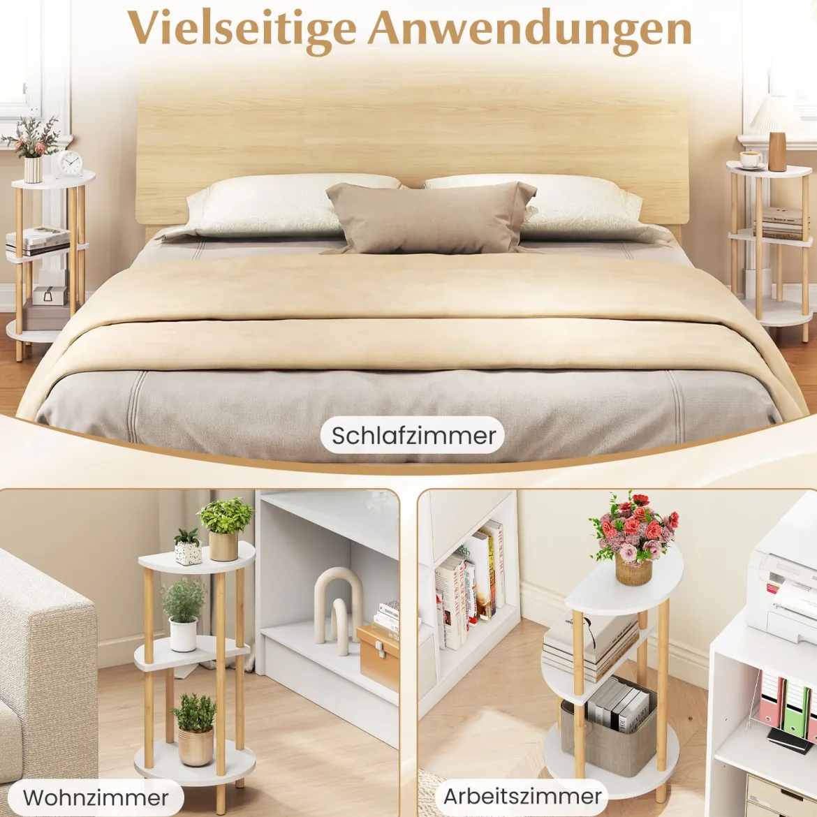 2er Set Beistelltisch 3 Stockig Rund aus Bambus Nachttisch Sofatisch Weiß + Natur