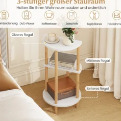 2er Set Beistelltisch 3 Stockig Rund aus Bambus Nachttisch Sofatisch Weiß + Natur