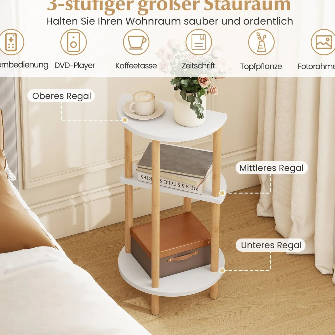 2er Set Beistelltisch 3 Stockig Rund aus Bambus Nachttisch Sofatisch Weiß + Natur