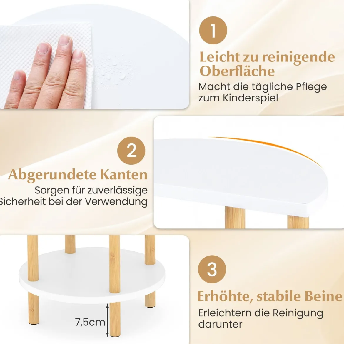 2er Set Beistelltisch 3 Stockig Rund aus Bambus Nachttisch Sofatisch Weiß + Natur