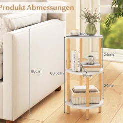 2er Set Beistelltisch 3 Stockig Rund aus Bambus Nachttisch Sofatisch Weiß + Natur