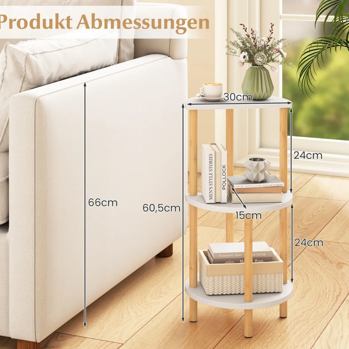 2er Set Beistelltisch 3 Stockig Rund aus Bambus Nachttisch Sofatisch Weiß + Natur