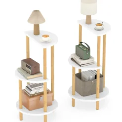 2er Set Beistelltisch 3 Stockig Rund aus Bambus Nachttisch Sofatisch Weiß + Natur