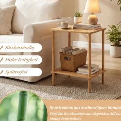 2er Set Beistelltisch 2 Stufig Bambus Rechteckig Sofatisch Nachttisch für Wohnzimmer Natur