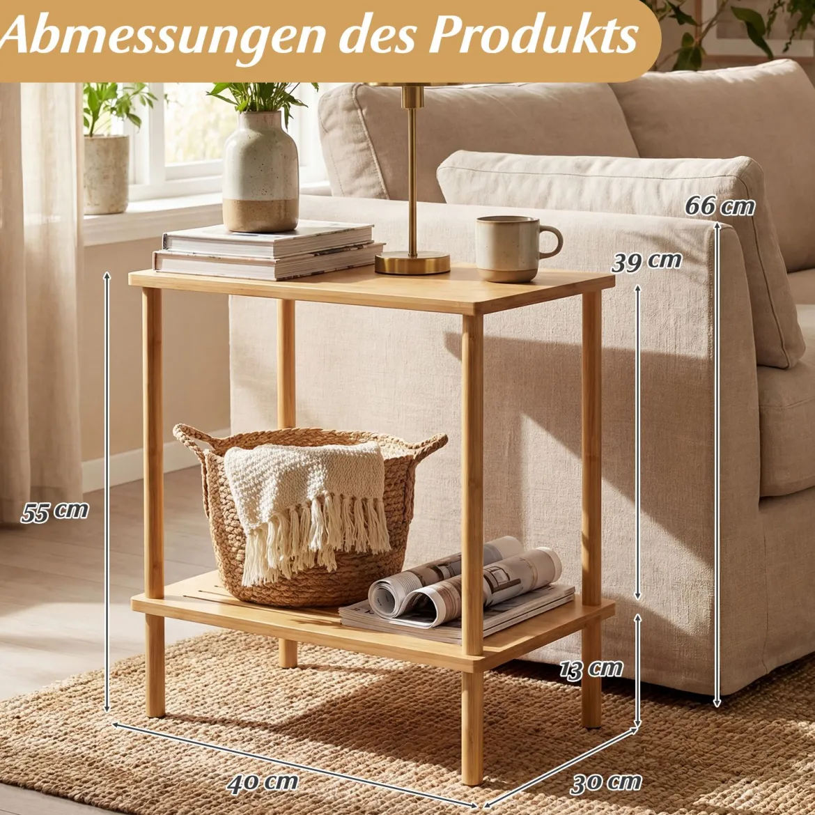 2er Set Beistelltisch 2 Stufig Bambus Rechteckig Sofatisch Nachttisch für Wohnzimmer Natur