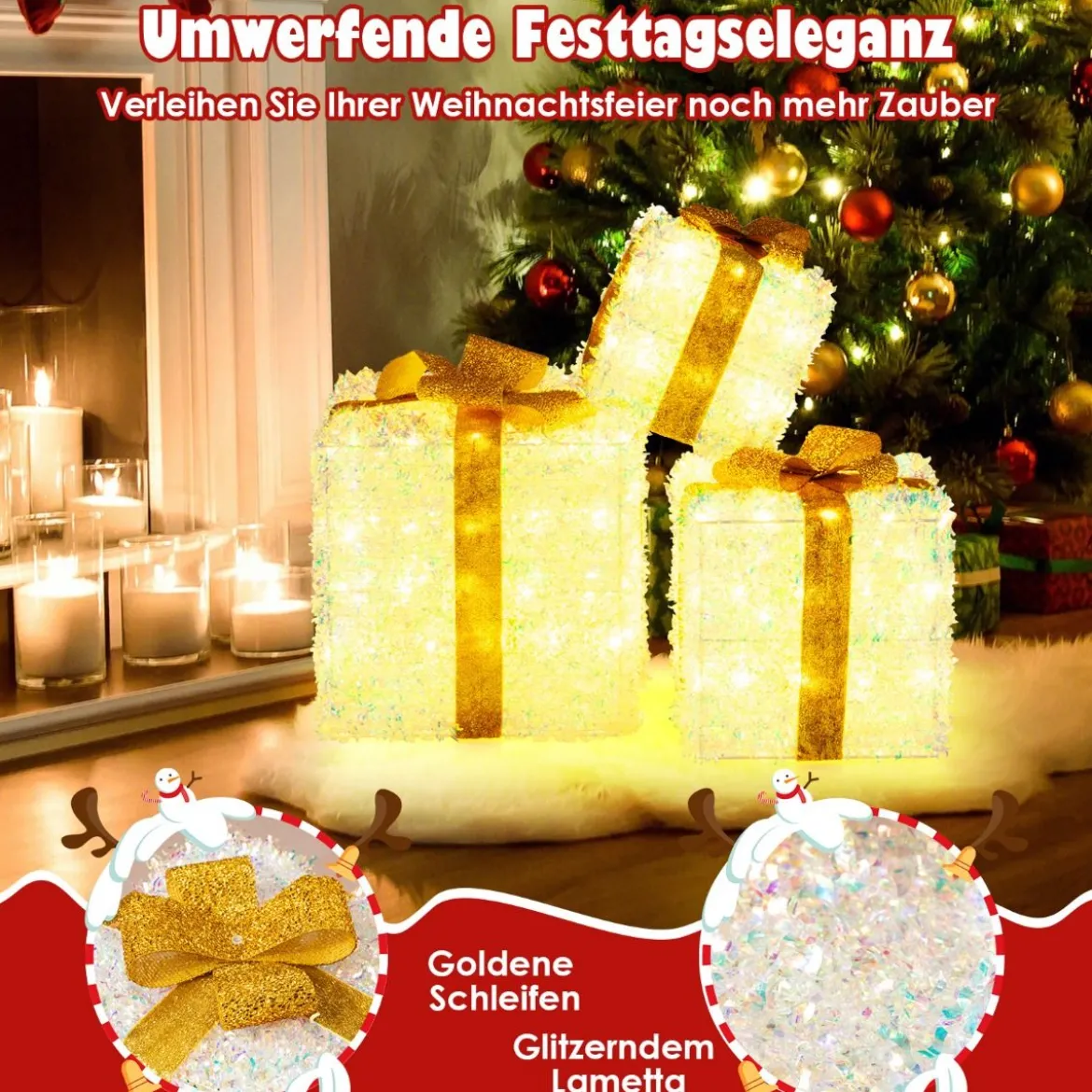3er-Set beleuchtete Geschenkboxen Weihnachtenbox mit warmweißen LED-Lichtern & Stecker Lichtbox Dekoboxen