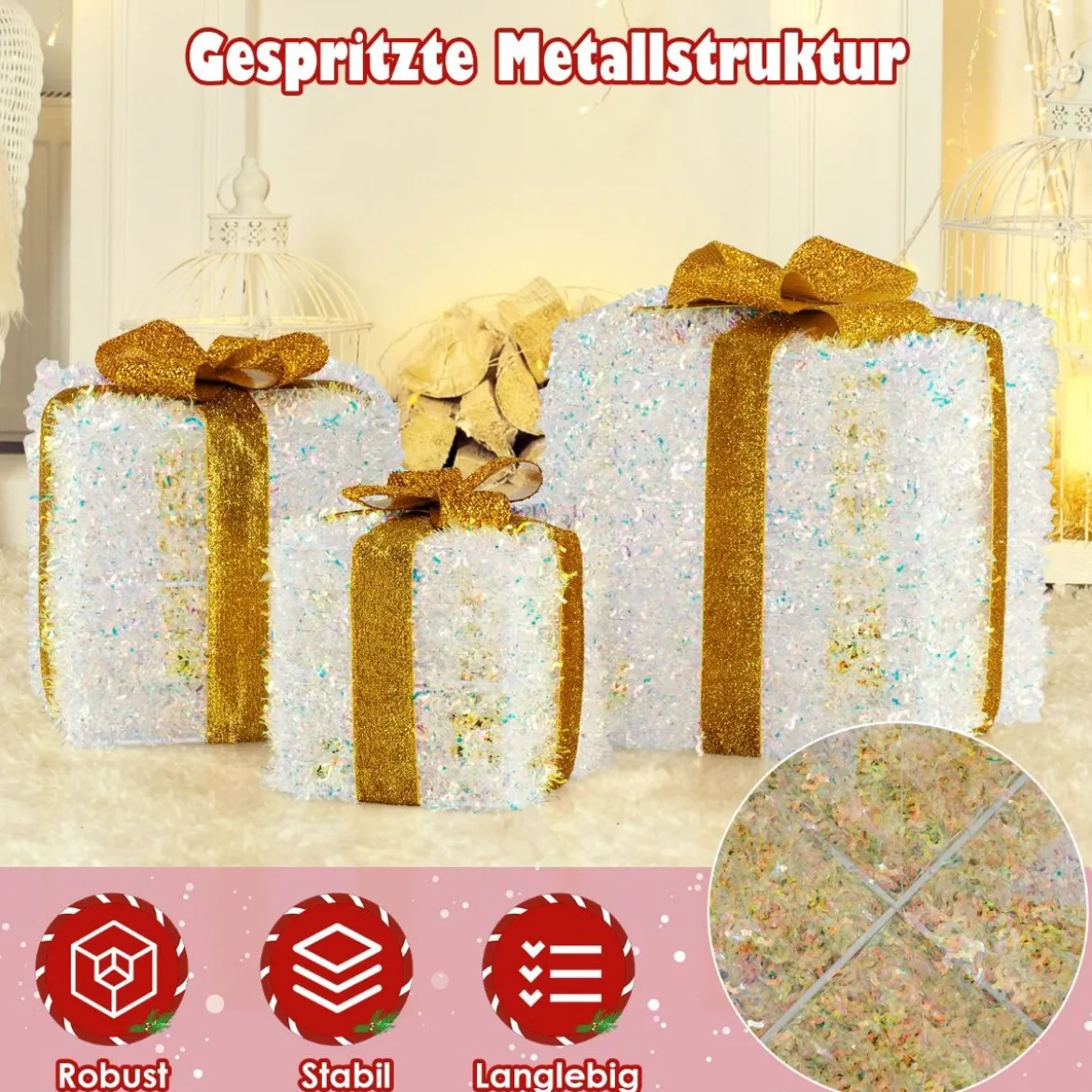 3er-Set beleuchtete Geschenkboxen Weihnachtenbox mit warmweißen LED-Lichtern & Stecker Lichtbox Dekoboxen