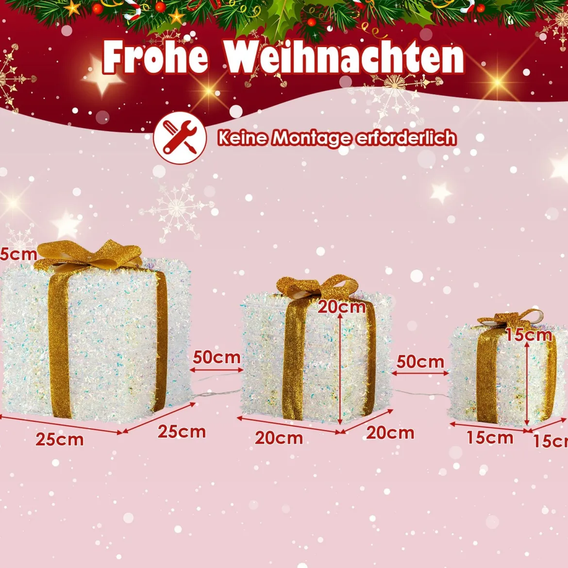 3er-Set beleuchtete Geschenkboxen Weihnachtenbox mit warmweißen LED-Lichtern & Stecker Lichtbox Dekoboxen