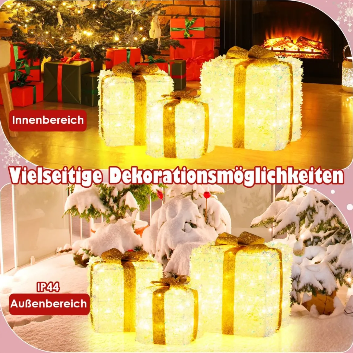 3er-Set beleuchtete Geschenkboxen Weihnachtenbox mit warmweißen LED-Lichtern & Stecker Lichtbox Dekoboxen