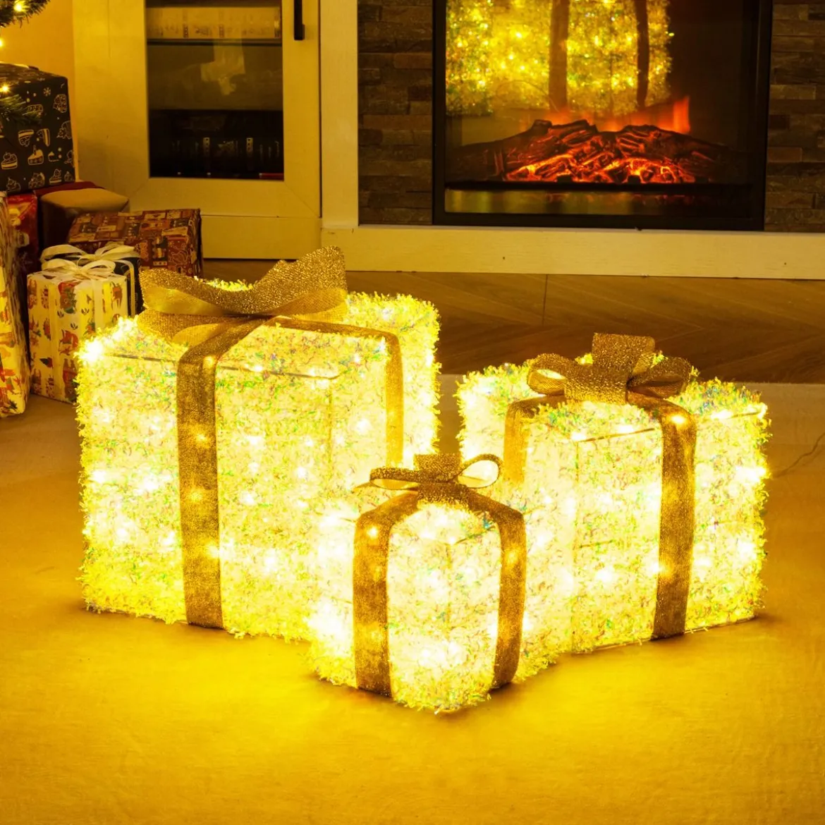 3er-Set beleuchtete Geschenkboxen Weihnachtenbox mit warmweißen LED-Lichtern & Stecker Lichtbox Dekoboxen