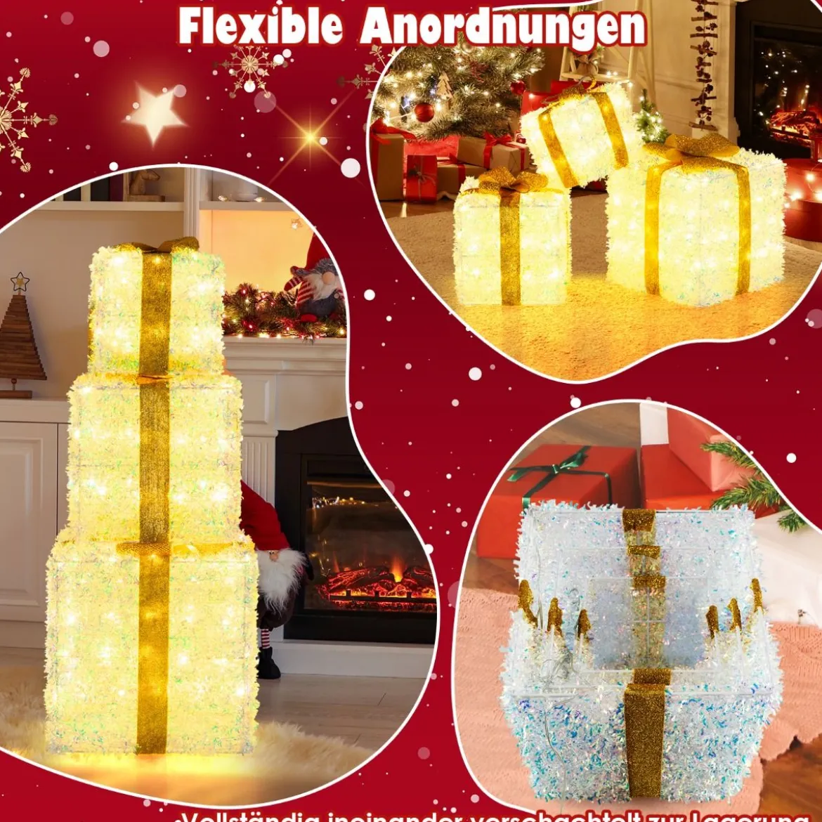3er-Set beleuchtete Geschenkboxen Weihnachtenbox mit warmweißen LED-Lichtern & Stecker Lichtbox Dekoboxen