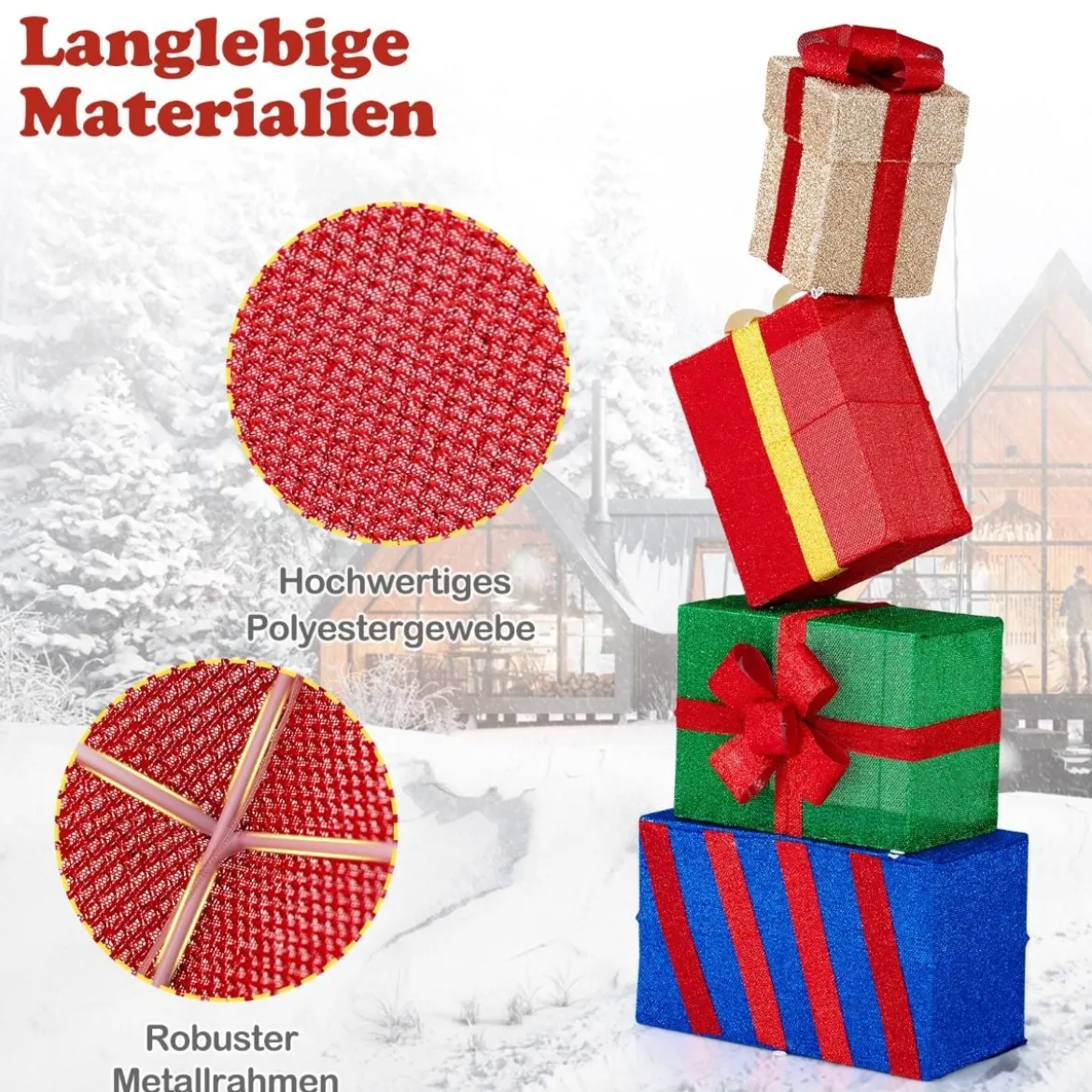 4er Set beleuchteten Weihnachtsgeschenkboxen leuchtende Geschenkboxen mit bunten Schleifen Mehrfarbig