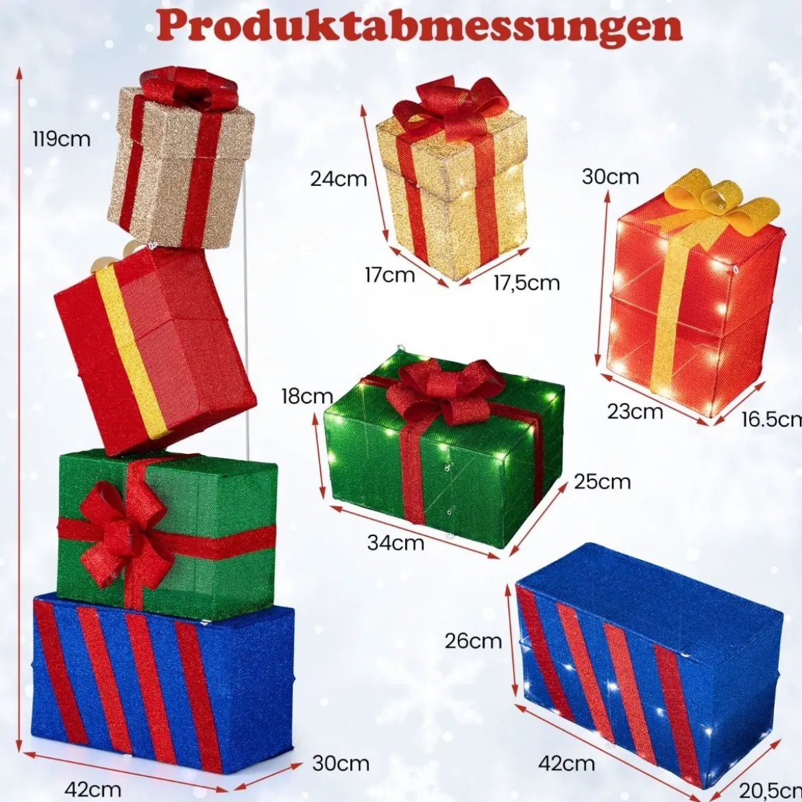 4er Set beleuchteten Weihnachtsgeschenkboxen leuchtende Geschenkboxen mit bunten Schleifen Mehrfarbig