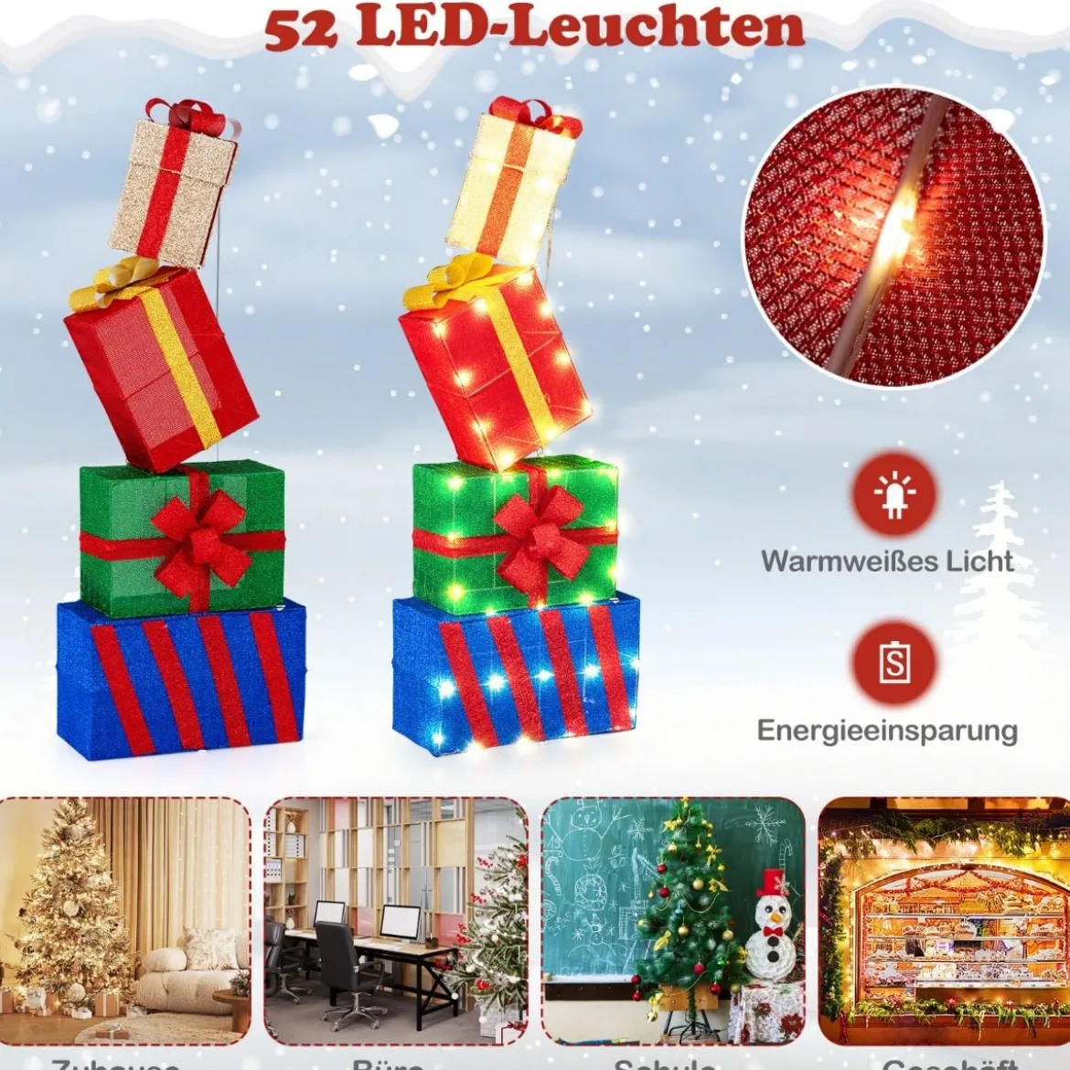 4er Set beleuchteten Weihnachtsgeschenkboxen leuchtende Geschenkboxen mit bunten Schleifen Mehrfarbig