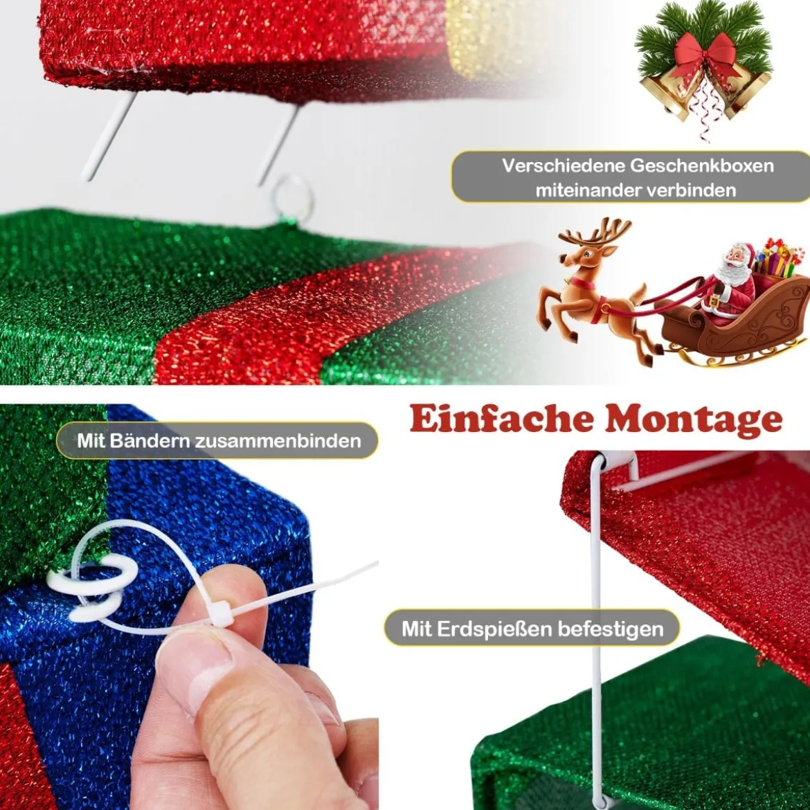 4er Set beleuchteten Weihnachtsgeschenkboxen leuchtende Geschenkboxen mit bunten Schleifen Mehrfarbig