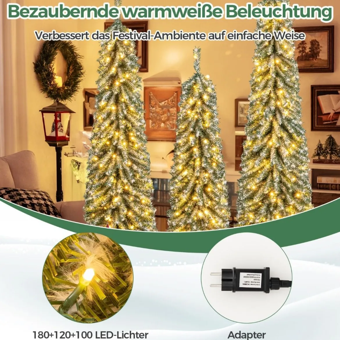 3er Set Bleistift Weihnachtsbaum Künstlich 120+150+180 cm Christbaum für Zuhause Büro