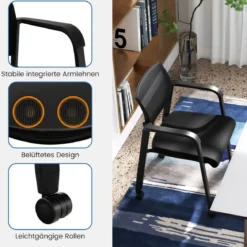 2er Set Bürostühle bis 150kg belastbar mit Rollen & Armlehnen Stapelbare Besucherstühle Konferenzstühle Schwarz