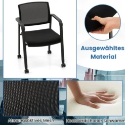 2er Set Bürostühle bis 150kg belastbar mit Rollen & Armlehnen Stapelbare Besucherstühle Konferenzstühle Schwarz