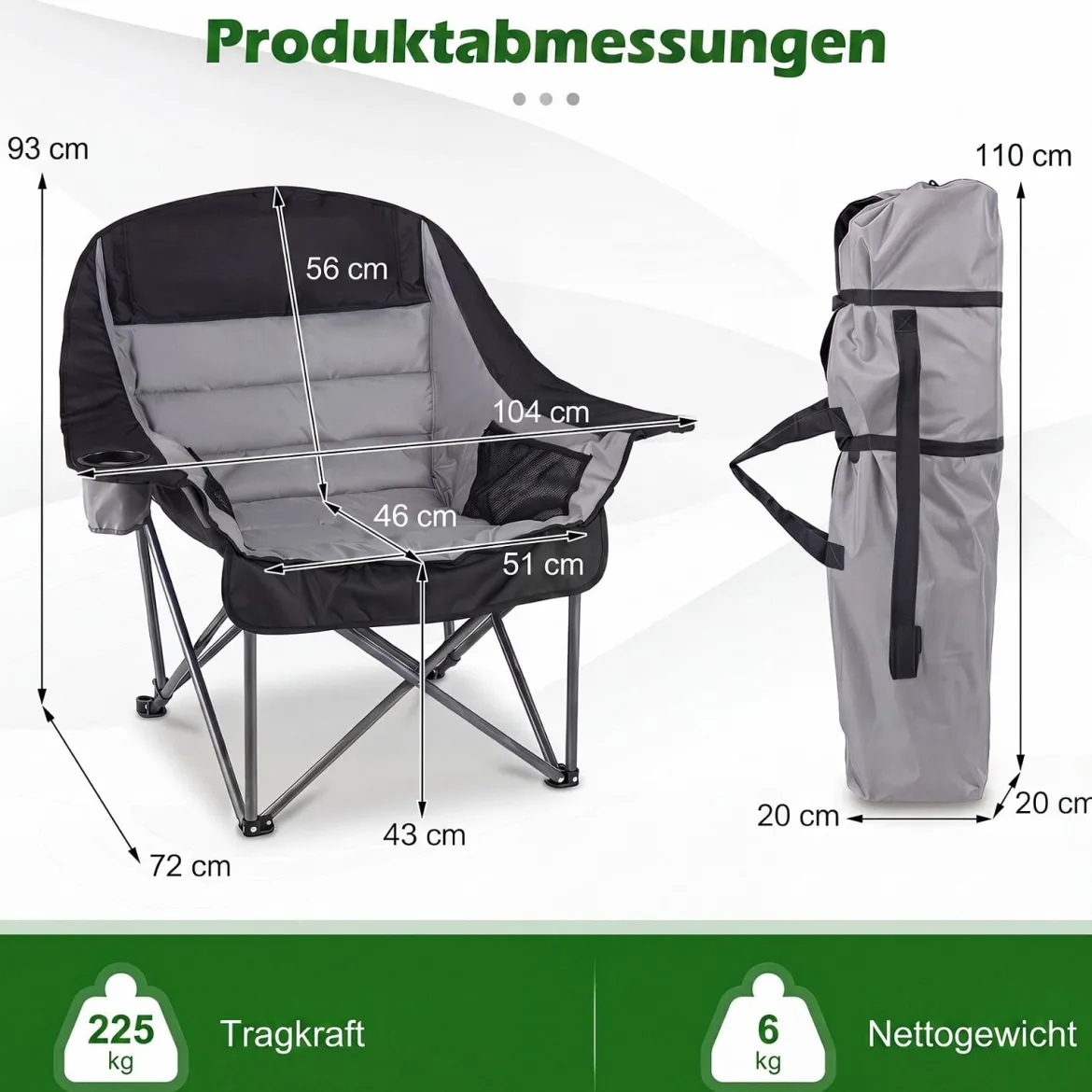 2er Set Campingstuhl Faltbar Gepolsterter Klappstuhl mit Getränkehalter Blastbar bis 225 kg Grau/Blau