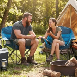 2er Set Campingstuhl Faltbar Gepolsterter Klappstuhl mit Getränkehalter Blastbar bis 225 kg Grau/Blau