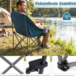 2er Set Campingstuhl Faltbar Gepolsterter Klappstuhl mit Getränkehalter Blastbar bis 225 kg Grau/Blau