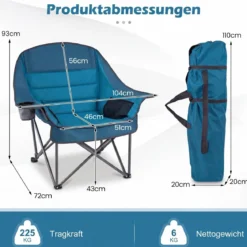 2er Set Campingstuhl Faltbar Gepolsterter Klappstuhl mit Getränkehalter Blastbar bis 225 kg Grau/Blau