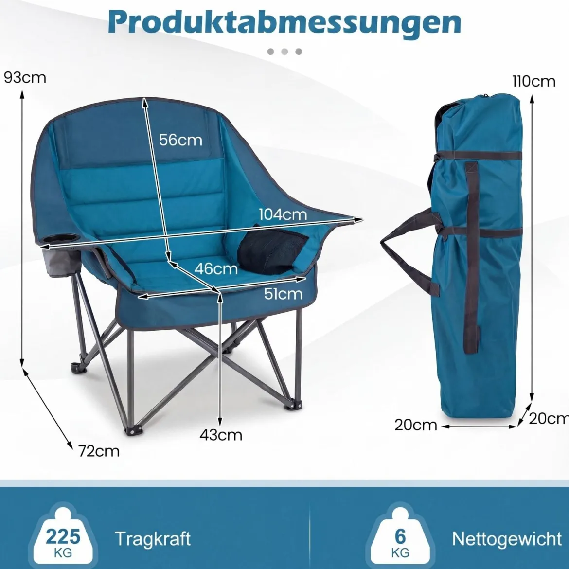 2er Set Campingstuhl Faltbar Gepolsterter Klappstuhl mit Getränkehalter Blastbar bis 225 kg Grau/Blau