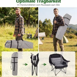2er Set Campingstuhl Faltbar Gepolsterter Klappstuhl mit Getränkehalter Blastbar bis 225 kg Grau/Blau