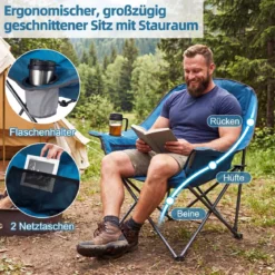 2er Set Campingstuhl Faltbar Gepolsterter Klappstuhl mit Getränkehalter Blastbar bis 225 kg Grau/Blau