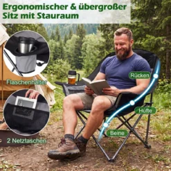 2er Set Campingstuhl Faltbar Gepolsterter Klappstuhl mit Getränkehalter Blastbar bis 225 kg Grau/Blau