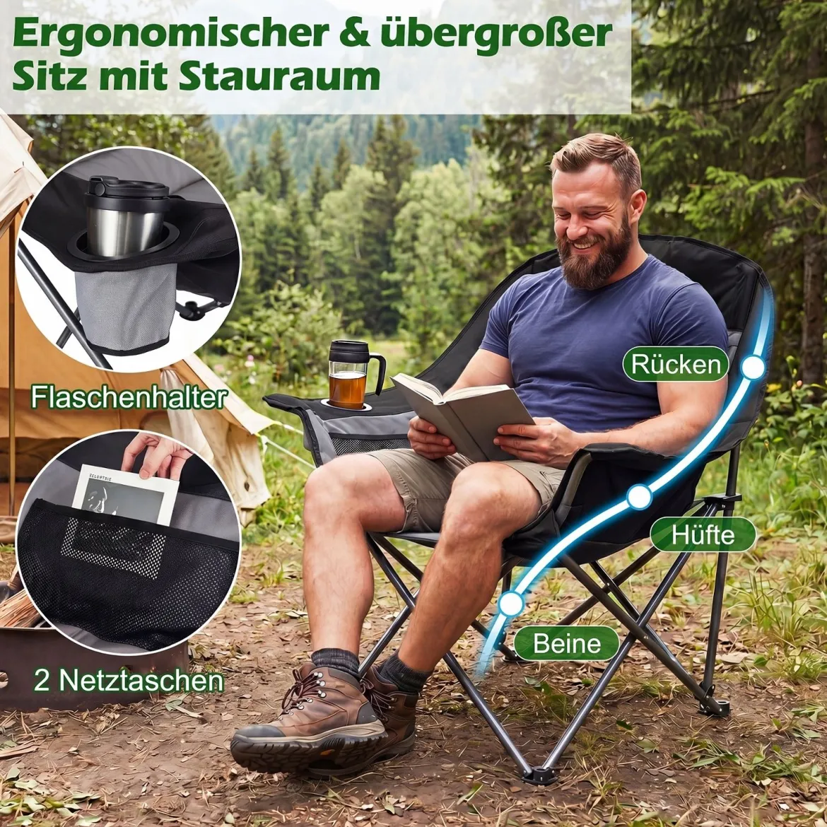 2er Set Campingstuhl Faltbar Gepolsterter Klappstuhl mit Getränkehalter Blastbar bis 225 kg Grau/Blau