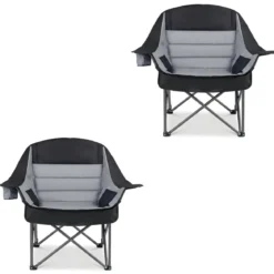 2er Set Campingstuhl Faltbar Gepolsterter Klappstuhl mit Getränkehalter Blastbar bis 225 kg Grau/Blau