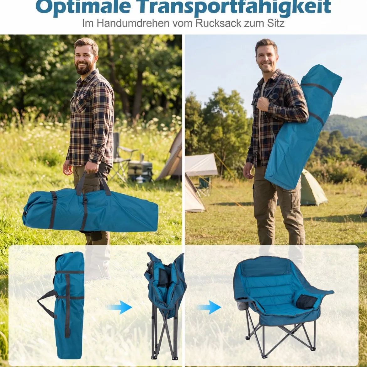2er Set Campingstuhl Faltbar Gepolsterter Klappstuhl mit Getränkehalter Blastbar bis 225 kg Grau/Blau