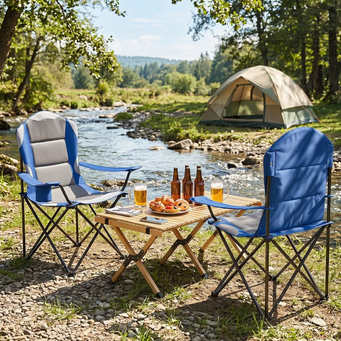 2er Set Campingstuhl Klappbar tragbarer Angelstuhl mit Getränkehalter Rutschfesten Füßen Blau
