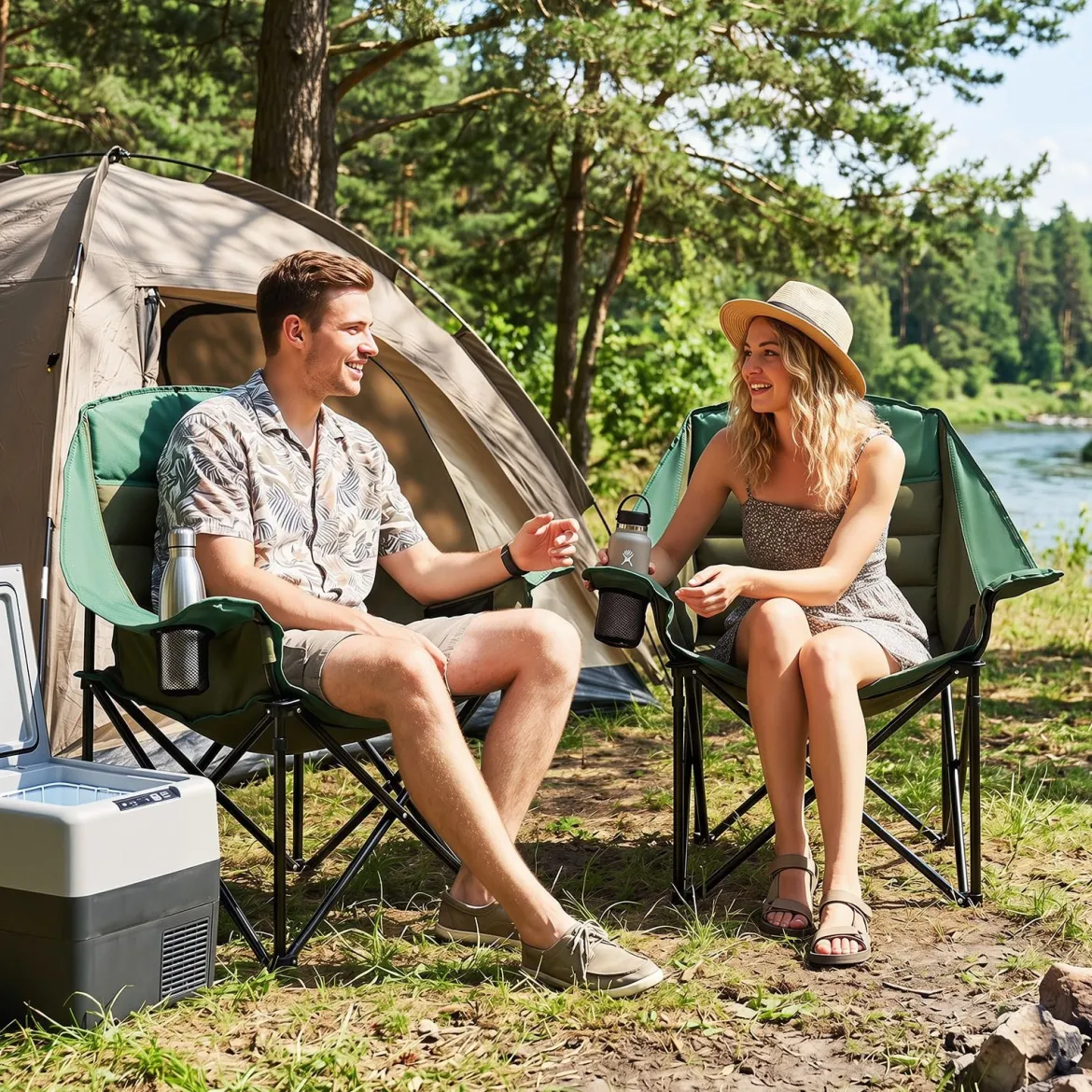 2er Set Campingstuhl Klappbarer Campingsessel mit Sitzpolster Getränkehalter bis 230 kg Belastbar