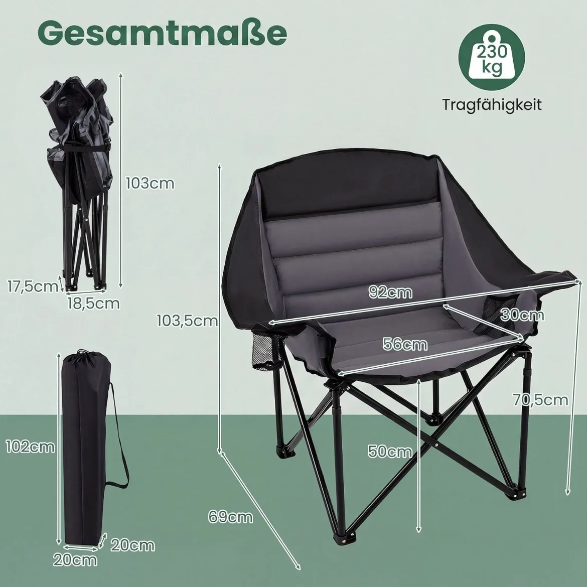 2er Set Campingstuhl Klappbarer Campingsessel mit Sitzpolster Getränkehalter bis 230 kg Belastbar