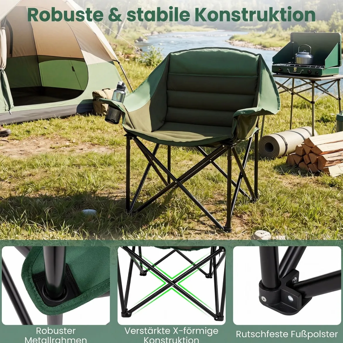 2er Set Campingstuhl Klappbarer Campingsessel mit Sitzpolster Getränkehalter bis 230 kg Belastbar