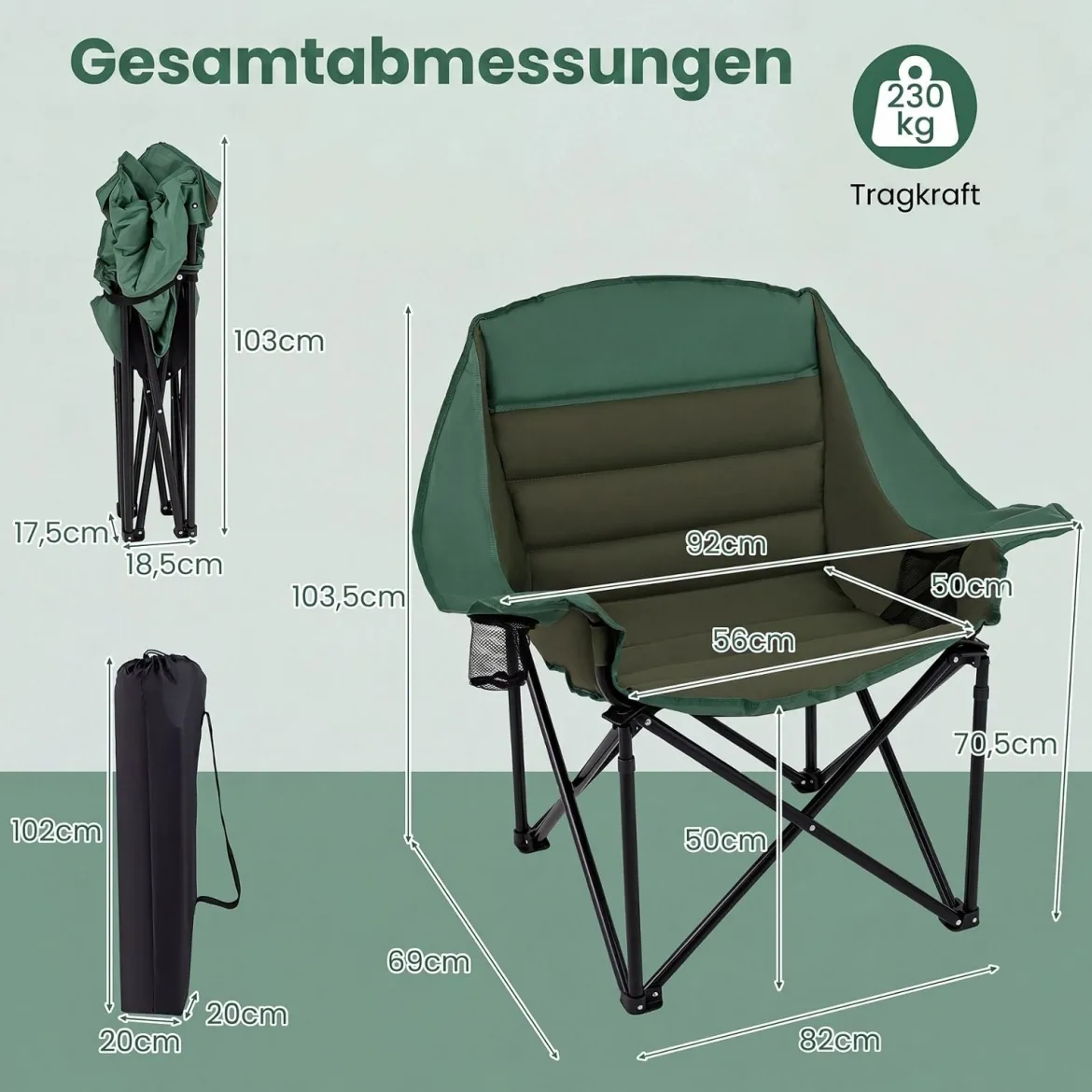 2er Set Campingstuhl Klappbarer Campingsessel mit Sitzpolster Getränkehalter bis 230 kg Belastbar