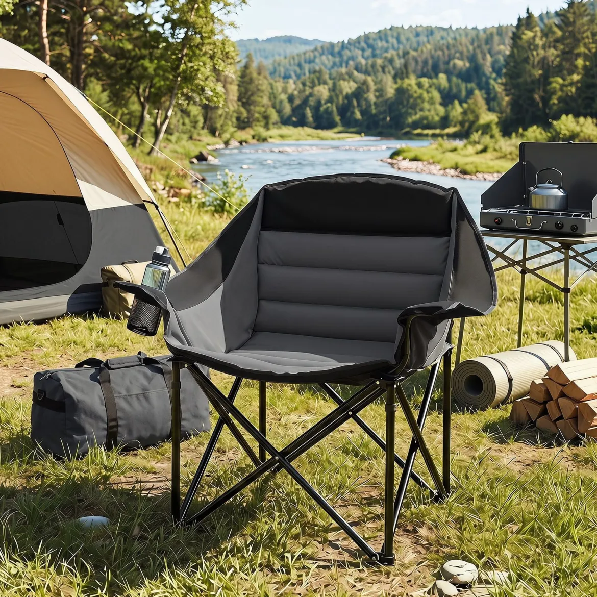 2er Set Campingstuhl Klappbarer Campingsessel mit Sitzpolster Getränkehalter bis 230 kg Belastbar