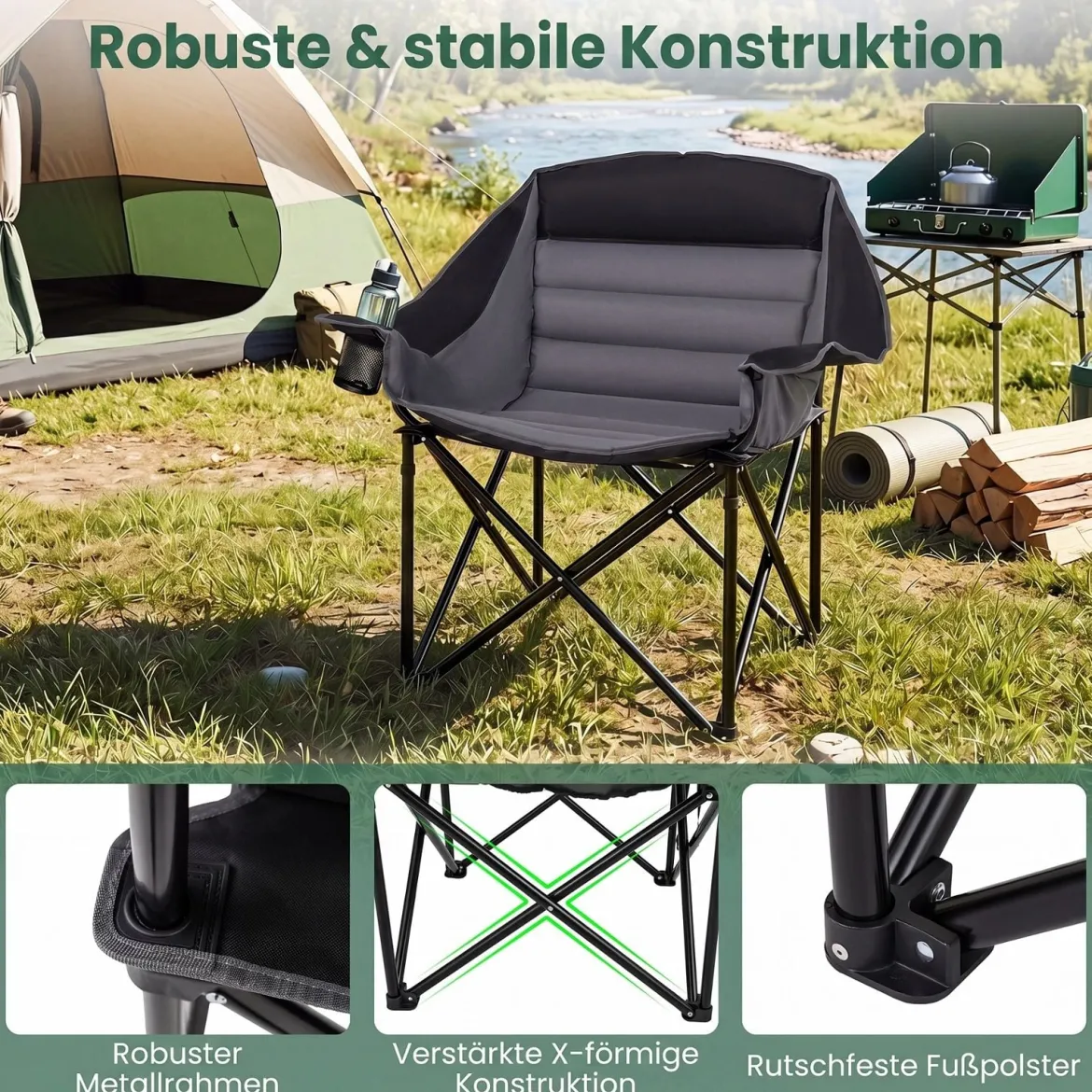 2er Set Campingstuhl Klappbarer Campingsessel mit Sitzpolster Getränkehalter bis 230 kg Belastbar