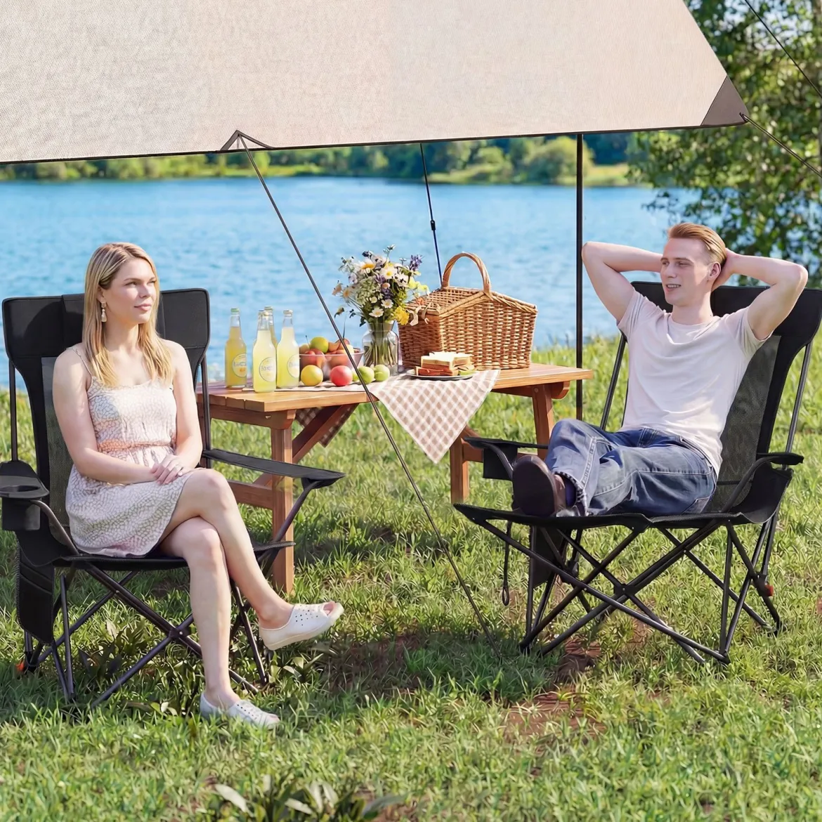 2er Set Campingstuhl mit Abnehmbarer Fußablage & Verstellbarer Rückenlehne & Kopfstütze Angelstuhl