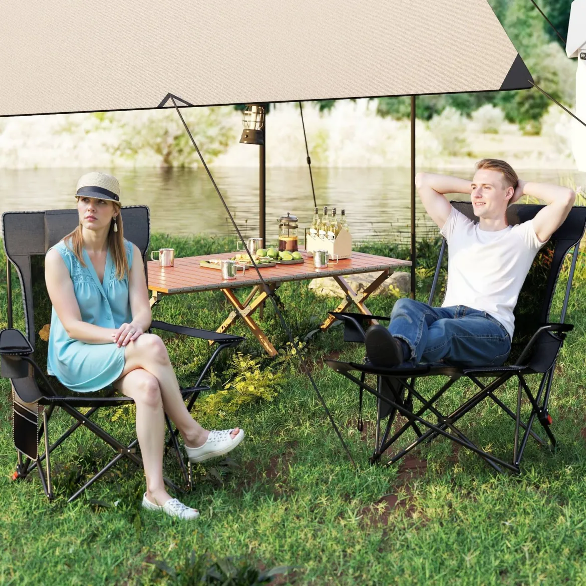 2er Set Campingstuhl mit Abnehmbarer Fußablage & Verstellbarer Rückenlehne & Kopfstütze Angelstuhl