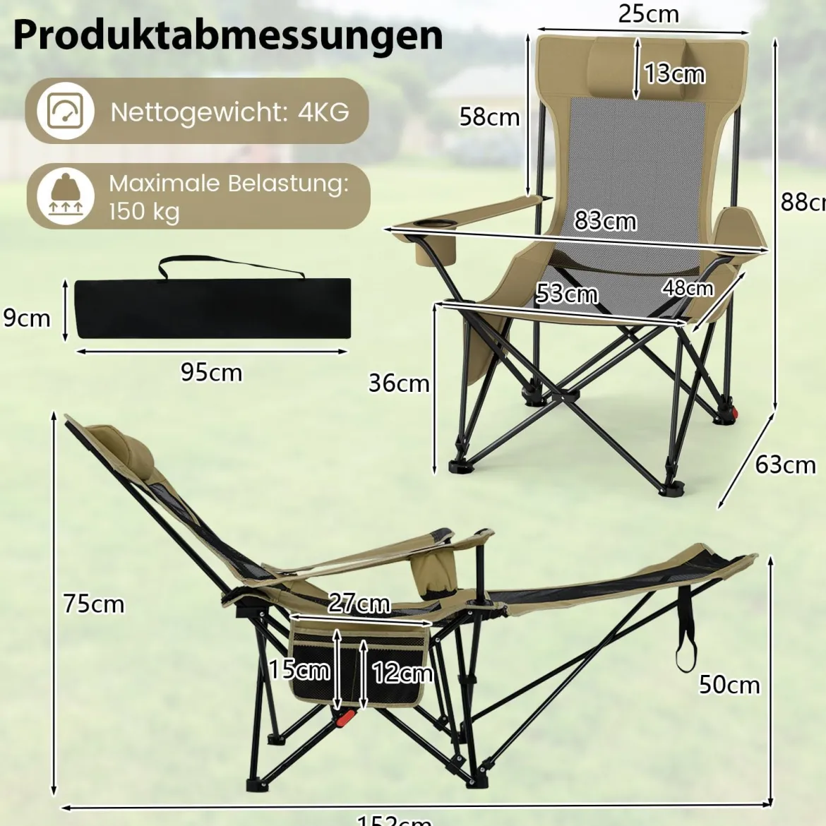 2er Set Campingstuhl mit Abnehmbarer Fußablage & Verstellbarer Rückenlehne & Kopfstütze Angelstuhl