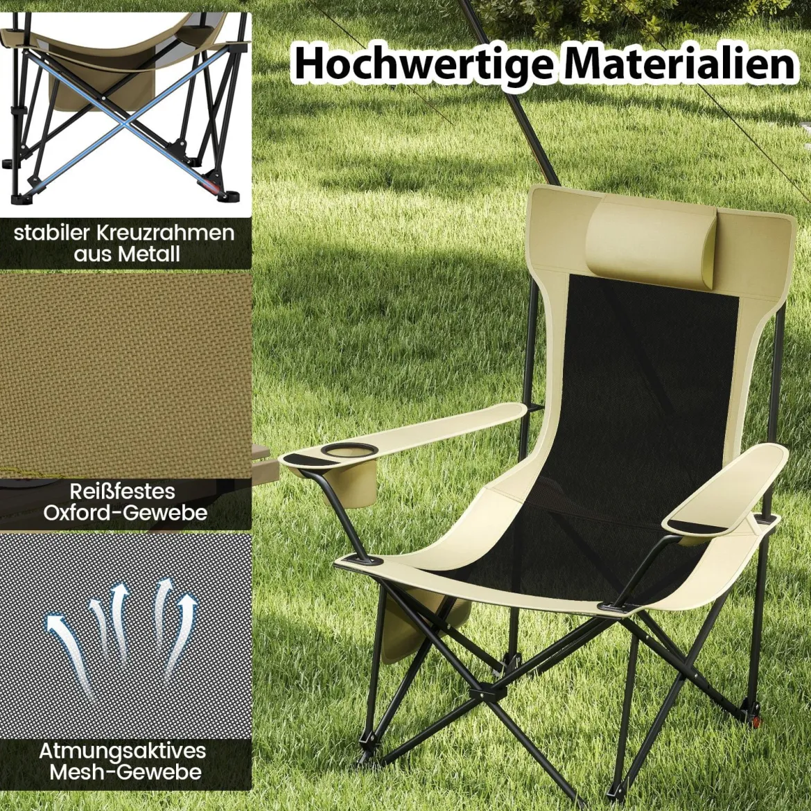 2er Set Campingstuhl mit Abnehmbarer Fußablage & Verstellbarer Rückenlehne & Kopfstütze Angelstuhl